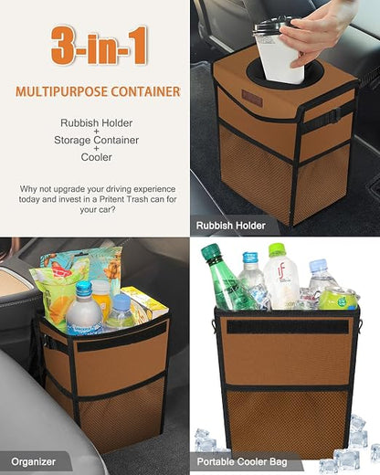 Pritent Car Trash Can with Lid, Cute Leakproof Car Trash Garbage Bag Hanging Vehicle Trash Bin Small Portable Automotive Garbage Cans Organizer for Back/Front Seat(Trapezoid,Brown)