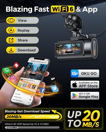 GKU 4K Dual Dash Cam Front and Rear, STARVIS 2 Sensor, 5.8GHz WiFi6 Up to 20MB/s, Voice Control, Dash Camera with GPS, WDR Night Vision, 24H Parking Mode, Loop Recording, Supercapacitor(No SD Card)