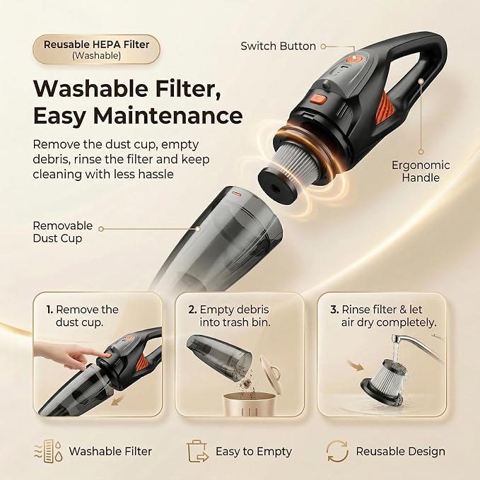 Handheld Vacuum Cordless, 25000Pa Powerful Suction Car Vacuum Portable Cordless with 8000mAh Battery & LED Light, Hand Held Vacuum Rechargeable with HEPA Filters, Home, Car Seats, Pet Hair Orange
