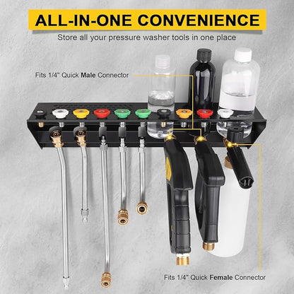 Pressure Washer Gun & Foam Cannon Holder with 1/4 Inch Quick Connector, Wall-Mounted Nozzle Tip & Extension Wand Organizer for Pressure Washer Parts & Accessories