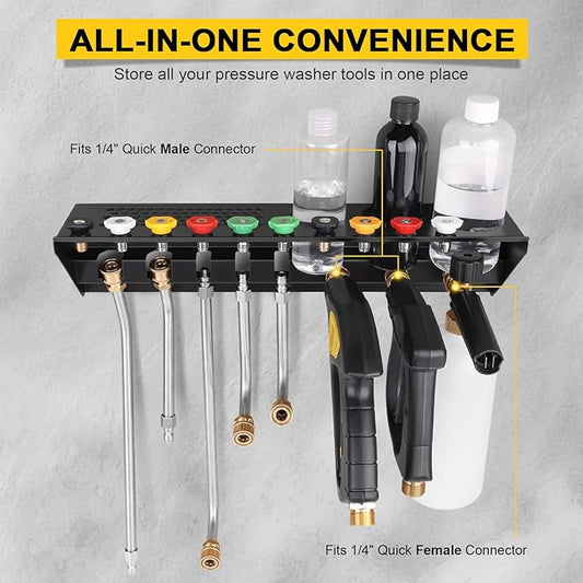 Pressure Washer Gun & Foam Cannon Holder with 1/4 Inch Quick Connector, Wall-Mounted Nozzle Tip & Extension Wand Organizer for Pressure Washer Parts & Accessories