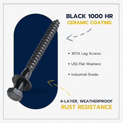 3/8 x 4 (50 Pack) Lag Screw Kit, 50 Screws and 50 Washers, Ceramic Black Ruspert Coating for Exterior Use, Meets ASTM A307 and ASME B18.2.1, Industrial/Commerical Grade by Makers Bolt
