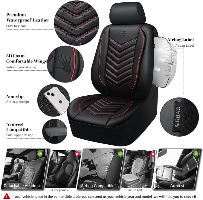 CAR PASS 3D Foam Faux Leather Seat Covers Front Seats,Waterproof Leather Front Seat Cover for Car,Universal Fit for SUV Truck Sedan Automotive,Armrest Airbag Compatible Anti-Slip, Black and Red