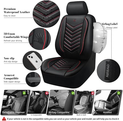 CAR PASS 3D Foam Faux Leather Seat Covers Front Seats,Waterproof Leather Front Seat Cover for Car,Universal Fit for SUV Truck Sedan Automotive,Armrest Airbag Compatible Anti-Slip, Black and Red