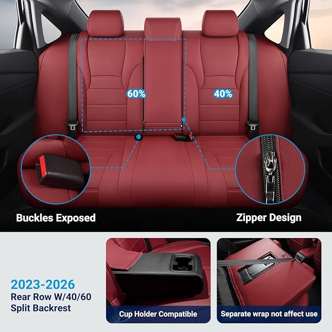 Custom for Honda Accord Seat Covers 2023 2024 2025 2026 EX,SE,EX-L,Sport-L,Touring & 2023-2026 (Hybrid) Sport,Touring,EXL,Sport-L, (Rear Row W/40/60 Split Backrest) - Burgundy