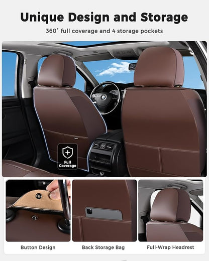 Huidasource Coffee Seat Covers Full Set, Universal Fit for Most Cars Trucks SUV, Full Coverage Leather Seat Cover, Airbag, Cupholder Compatible, Velcro Adjustable, Heaating/Cooling Function Retain