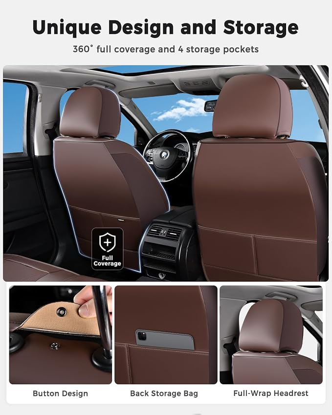 Huidasource Front Seat Covers, Universal Fit for Most Cars SUV Trucks, Full Coverage Nappa Leather Seat Cover, Airbag, Velcro Adjustable, Storage Pocket Design, Seat Function Retain, Coffee