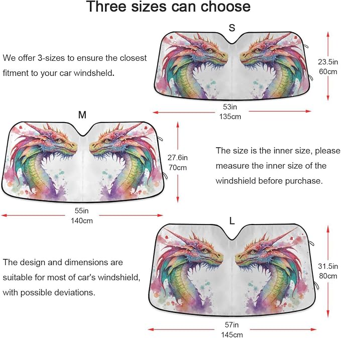 Watercolor Dragon Windshield Sun Shade for Car Auto SUV Truck Foldable Front Window Sunshade Sun Visor Protector Block UV Rays Reflect Heat, 55" x 28"