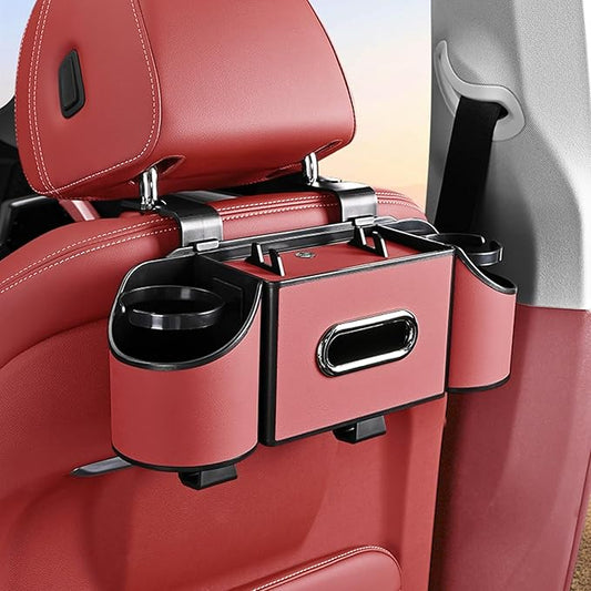 Back Seat Car Organizer,4 in 1 Multifunctional Car Back Seat Storage Box with Drink Cup Holder Tissue Box, for Hold Phone,Snacks, Drinks, Handbag-Red