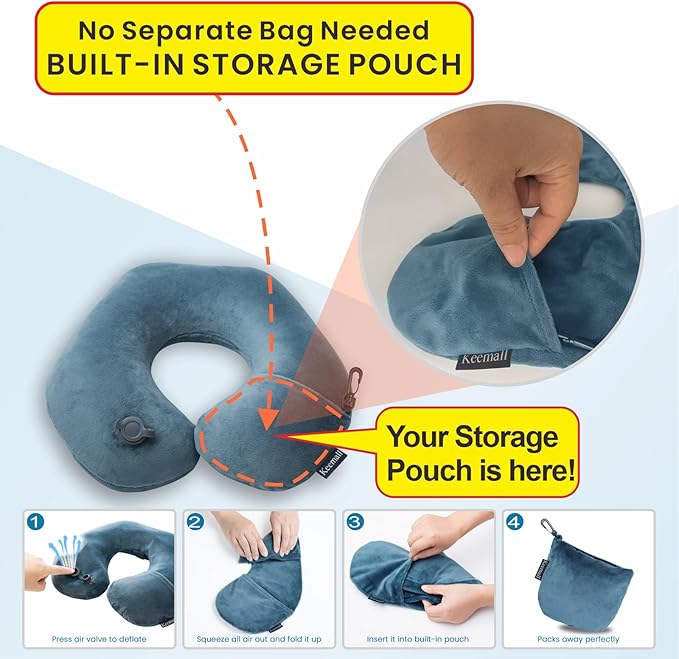 Keemall Inflatable Travel Neck Pillow for Airplane Train Car Washable Pillowcase U Shaped Office Napping Pillow