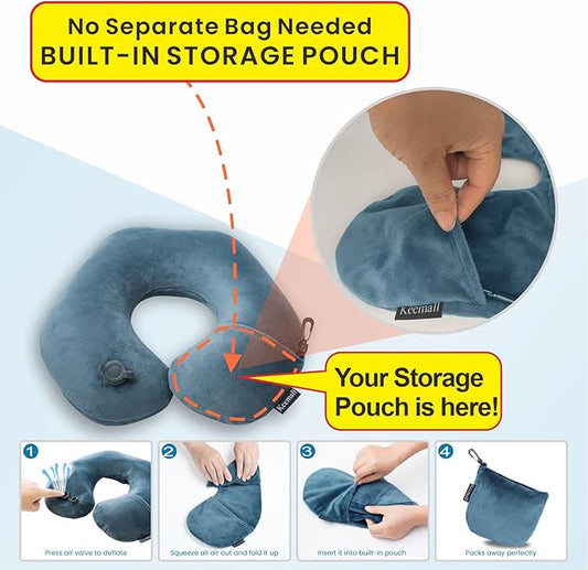 Keemall Inflatable Travel Neck Pillow for Airplane Train Car Washable Pillowcase U Shaped Office Napping Pillow