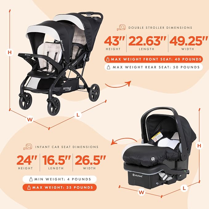Baby Trend Sit N Stand Double Stroller & 2-Pack EZ Lift Plus Infant Car Seat, Modern Khaki - Convertible Tandem Travel System Combo for Newborn and Toddler, Foldable and Compact Design