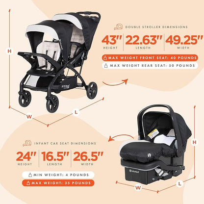 Baby Trend Sit N Stand Double Stroller & 2-Pack EZ Lift Plus Infant Car Seat, Modern Khaki - Convertible Tandem Travel System Combo for Newborn and Toddler, Foldable and Compact Design