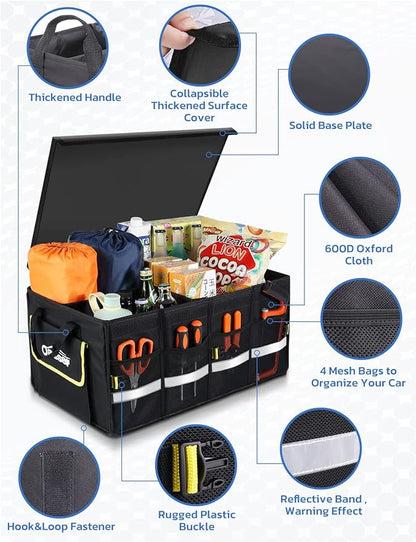 Oasser Car Trunk Organizer, 3 Compartments Collapsible Waterproof Car Organizer Storage with Foldable Cover, Reflective Strip, Non-Slip Bottom, 4 Mesh Pockets for SUV/Truck/Sedan/Camping/Road Trip