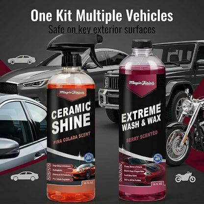 Magic Finish Car Wash & Ceramic Shine Bundle – Extreme Berry Foam Wash + Ceramic Spray Coating – High Gloss, Hydrophobic Protection, Streak-Free Finish, Safe for All Vehicles, 16oz Kit