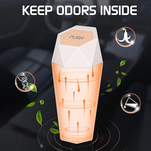 Car Trash Can with Lid, Mini Car Trash Cup with 30 Additional Trash Bags, Car Accessories for Interior, Leakproof Vehicle Garbage Bin for Car, Home, Office - 2 Packs, Beige