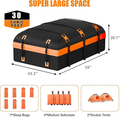 Car Rooftop Cargo Carrier Bag, 30 Cubic Feet Waterproof Soft-Shell Car Roof Bag for All Vehicle with/Without Rack, Include Anti-Slip Mat, Reinforced Straps, Door Hooks Luggage Lock (Orange)