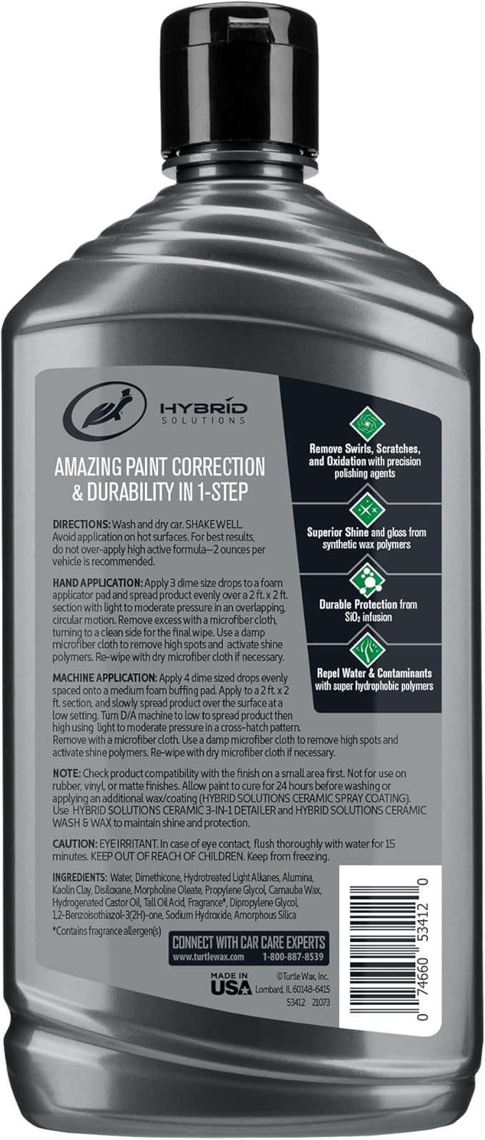 Turtle Wax Hybrid Solutions Ceramic Car Polish and Wax, Light Scratch Remover, Durable Paint Protection, Extreme Water Beading, High Gloss Shine, Hand or Machine Polisher Use, 14 oz (Pack of 2)
