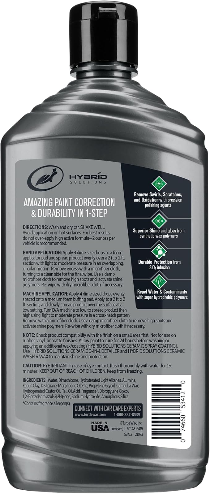 Turtle Wax Hybrid Solutions Ceramic Car Polish and Wax, Light Scratch Remover, Durable Paint Protection, Extreme Water Beading, High Gloss Shine, Hand or Machine Polisher Use, 14 oz (Pack of 1)