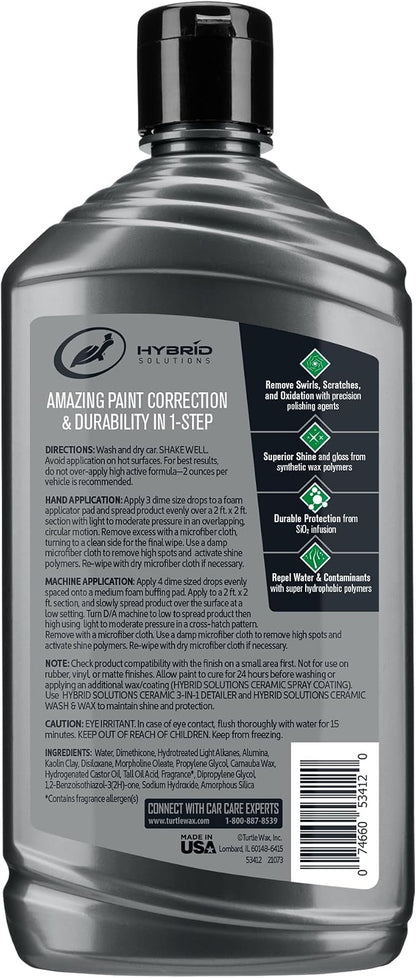 Turtle Wax Hybrid Solutions Ceramic Car Polish and Wax, Light Scratch Remover, Durable Paint Protection, Extreme Water Beading, High Gloss Shine, Hand or Machine Polisher Use, 14 oz (Pack of 1)