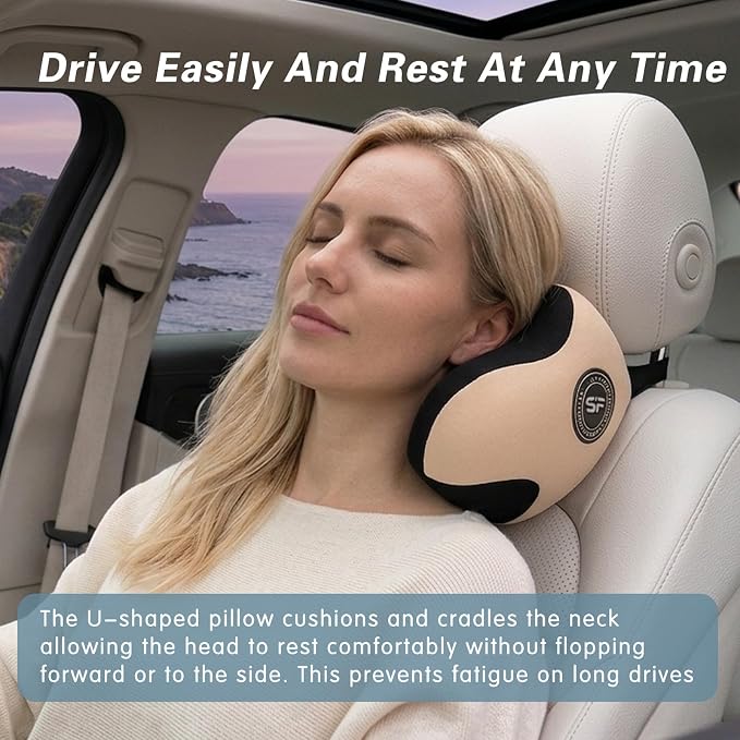 SPRFUFLY Unique U-Shaped Car Headrest Pillow, Car Neck Pillow for Sleeping with Adjustable Strap, Space Memory Foam & Removable Cover, Ergonomic Design - Extreme Comfort Car Pillow(Beige, 1P)