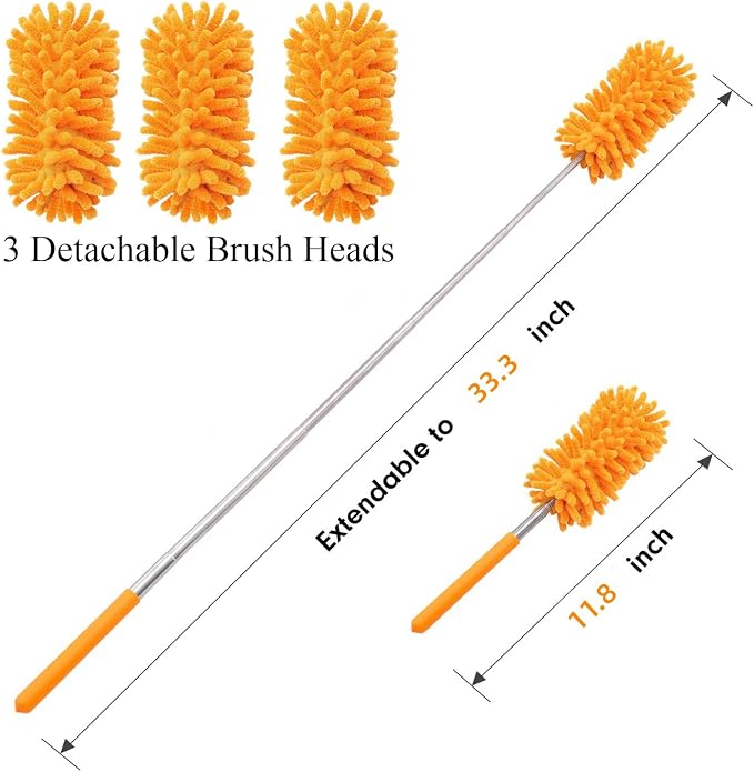 Microfiber Duster for Cleaning, GMLKRY Hand Washable Dusters with 3pcs Replaceable Microfiber Head, Extendable Pole, Detachable Cleaning Supplies for Office, Car, Window, Furniture (Orange)