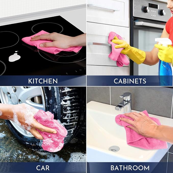 GLIMGLINT Pink Microfiber Cleaning Cloth,12PK Reusable Cleaning Rags, Highly Absorbent Shop Rags Bulk, All-Purpose Car Cleaning Towels for TV Screen, Kitchen, Bathroom, Restaurant Garage, 14"X12"