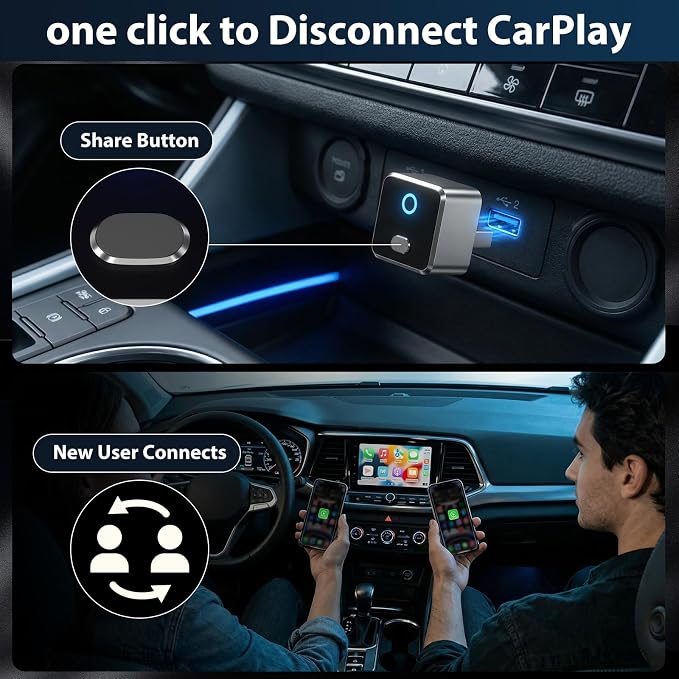 Wireless CarPlay & Android Auto Adapter Dongle, WiFi 6 Bluetooth 5.4 for Low Latency, Dual-Phone Memory with One-Tap Switching Button, Ultra-Compact Metal Design for Factory Wired Carplay Cars