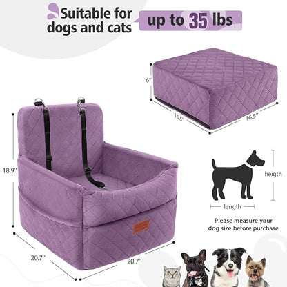 HEGGCOOE Small Dog Car Seat, Memory Foam Dog Booster Seats with Thick Cushion for Medium Dogs Under 35lbs, Detachable Washable Pet Car Seat Bed with Storage Pockets,2 Safety Belts Purple