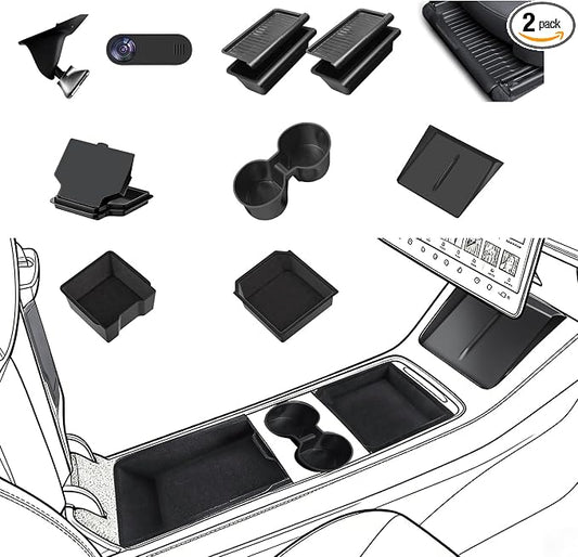 9Pcs Set Center Console Organizer Tray for Tesla Model Y Juniper 2025 2026, Under Seat Storage Box with Lid, Black, 2-Piece Set