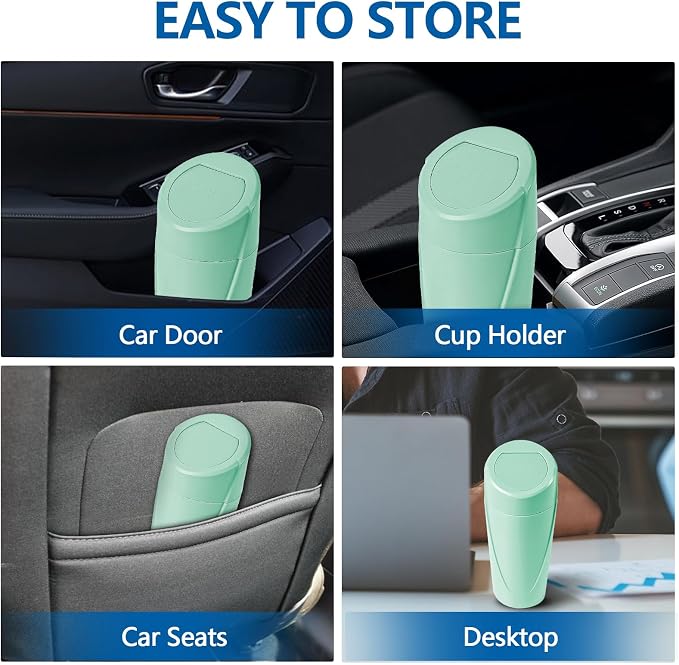 Hovom Mini Car Trash Can with Lid, Portable Garbage Can for Car, Leakproof Cup Holder Automotive Garbage Bin with 2 Rolls of Trash Bags, Small Trash Storage Can for Car Home Office(Light Green)
