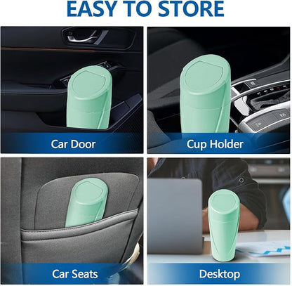 Hovom Mini Car Trash Can with Lid, Portable Garbage Can for Car, Leakproof Cup Holder Automotive Garbage Bin with 2 Rolls of Trash Bags, Small Trash Storage Can for Car Home Office(Light Green)