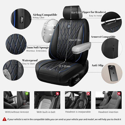 CAR PASS Luxury PU Leather Two Front Car Seat Covers, Waterproof Seat Covers Compatible with Front Seat Armrests, Airbag Compatible Anti- Slip Universal Fit for Cars Suvs Vans Trucks Black Blue