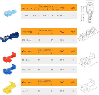 Nilight 100PCS Quick Splice Solderless Wire and T-Tap Electrical Connectors 22-18 18-14 12-10 AWG T Tap Insulated Terminal Assortment Kit