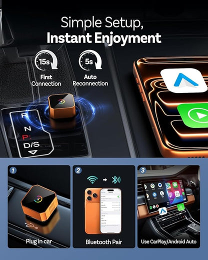 2026 Aimoon Mini Wireless CarPlay Adapter Upgrade Wired to Wireless for CarPlay & Android Auto Plug and Play Fast Auto-Reconnect Stable Control Zero Delay Car Play for iPhone iOS 10+ Android 11+