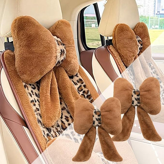 Car Neck Pillow 2PCS Plush Bowknot Car Headrest Pillow – Comfortable Neck Support for Driving Soft Touch Fabric Car Pillow Cute Interior Decor (Brown)