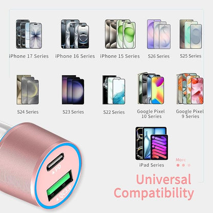 67.5W Pink Car Charger USB C Super Fast Charging, 45W USBC&QC3.0 Port Plug for iPhone 17 Pro Max/Air/16/15/iPad, Samsung S26 Android Cell Phone, Dual 12V Cigarette Lighter Adapter+3.3 ft Type C Cable