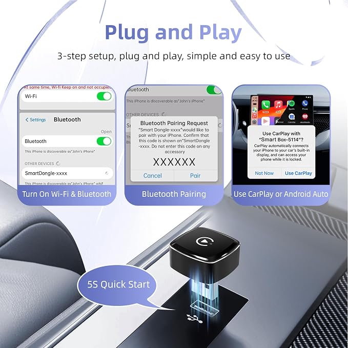 LEXXSON Wireless CarPlay Adapter for iPhone, Plug and Play, Fast and Stable Connection 2 in 1 Android Auto Wireless Adapter for CarPlay＆Android