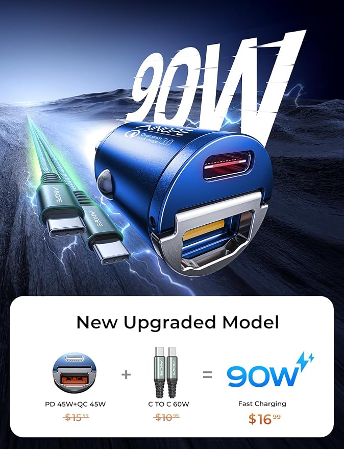 AINOPE 90W Super Fast Car Charger, Invisible USB C 45W Car Charger Fast Charging Type C, [Mini&Metal] Cigarette Lighter USB Adapter Fits iPhone 17 16 15 Pro Max Samsung Galaxy S25 Ultra S24, Blue