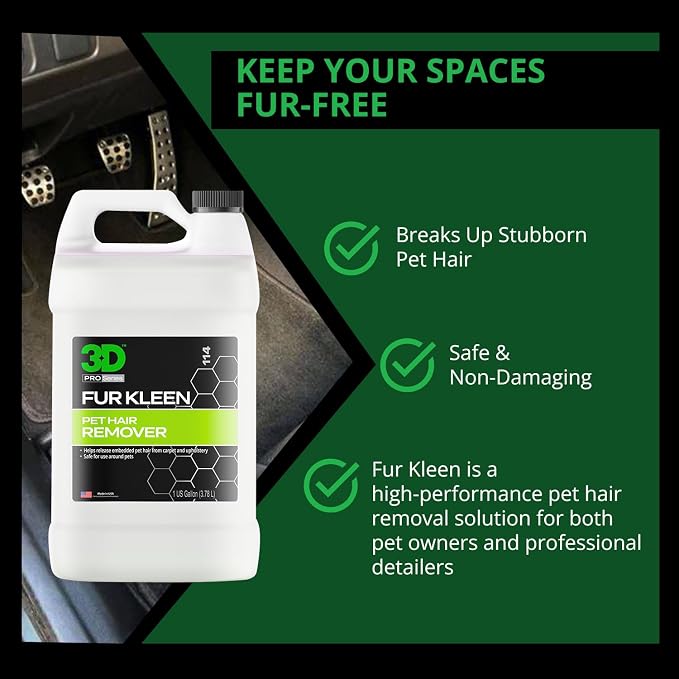 3D Fur Kleen - Pet Hair Remover & Cleaner - Loosens Embedded Pet Fur for Easy Removal - Safe for Carpets, Upholstery & Auto Interiors, 1 Gallon