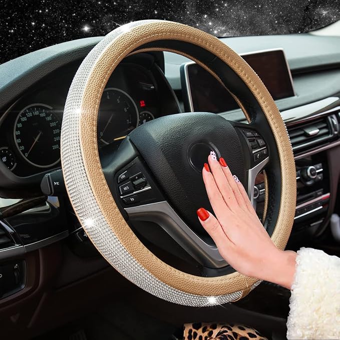 New Diamond Leather Steering Wheel Cover with Bling Bling Crystal Rhinestones, Universal Fit 15 Inch Car Wheel Protector for Women Girls,Gold