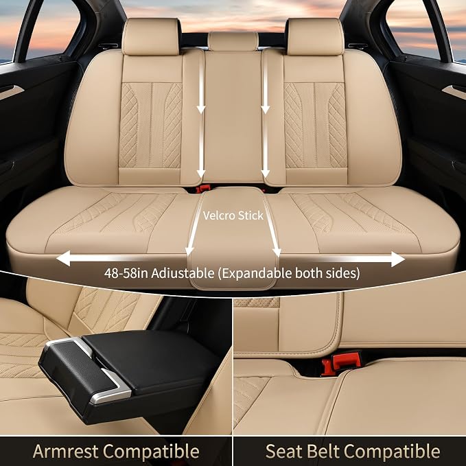 FLORICH Leather Seat Covers, Car Seat Cover Full Set Automotive Seat Covers Waterproof Car Seat Protectors 5 Seats Universal Seat Cover Fit for Most Cars SUV Trucks, Beige