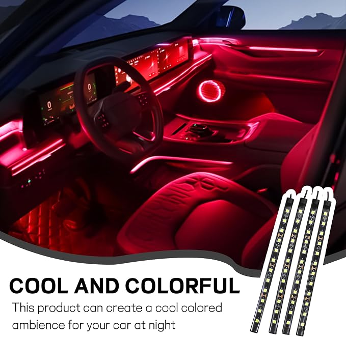 Car LED Strip Light, 12V 48 LED Interior Atmosphere Lights Under Dash Ambient Night Light, Universal Auto Interior Decorative Lamp with USB Port, Truck SUV Car Accessories (Red, USB)