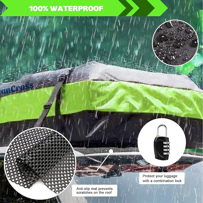 OceanCross Car Rooftop Cargo Carrier Bag, Green Rooftop top Cargo Carrier Bag 15 Cubic feet Waterproof for All Cars with/Without Rack, Includes Anti-Slip Mat, 8 Reinforcement Straps, Luggage Lock