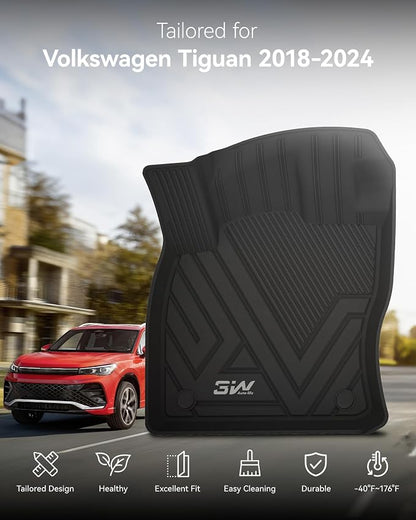 3W Floor Mats Compatible for Volkswagen Tiguan 2018-2024 (Fit 5 Seats), TPE Custom Fit All Weather Floor Liner 1st & 2nd Row Full Set Car Liners, Black