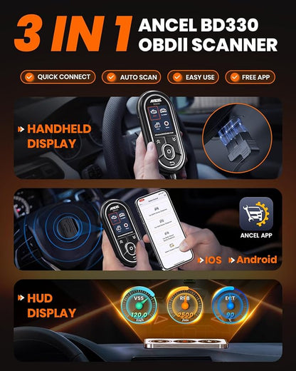 ANCEL BD330 BMW OBD2 Scanner for BMW, MINI, and Rolls-Royce Vehicles, ABS Full-System Diagnostic Scan Tool, Battery Registration/BAT Check, EPB/Oil/Throttle Reset, 3-in-1 Bluetooth/Wired/HUD- Black