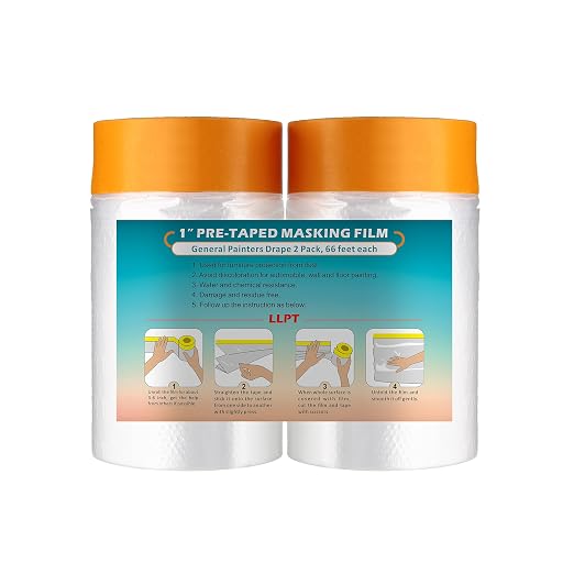 LLPT Pre-Taped Masking Film, 25.6" Unfolded x 66Ft, 0.27 Mil, 2 Pack | Static-Cling, Disposable, Solvent & Oil Resistant Bleed-Proof Low Tack No Residue for Auto Wall Furniture Painting Protection
