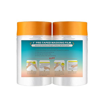 LLPT Pre-Taped Masking Film, 25.6" Unfolded x 66Ft, 0.27 Mil, 2 Pack | Static-Cling, Disposable, Solvent & Oil Resistant Bleed-Proof Low Tack No Residue for Auto Wall Furniture Painting Protection