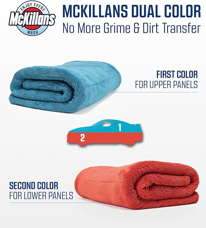 McKillans® Extra Large Dual-Color Car Drying Towel XL - Edgeless & Ultra Soft & Absorbent - 36" x 28" - 1200 GSM Twisted Loop Microfiber Towel for Cars - Drying Towel Car Detailing - Car Wash Towels