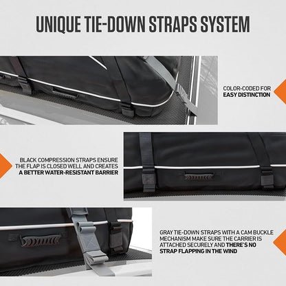 VENTURE 4TH Car Rooftop Cargo Carrier – 21 Cubic Feet Soft-Shell Waterproof Roof Bag with 10 Heavy-Duty Compression & Tie-Down Straps, Anti-Slip Mat & Door Hooks – Fits Cars with or Without Roof Rack